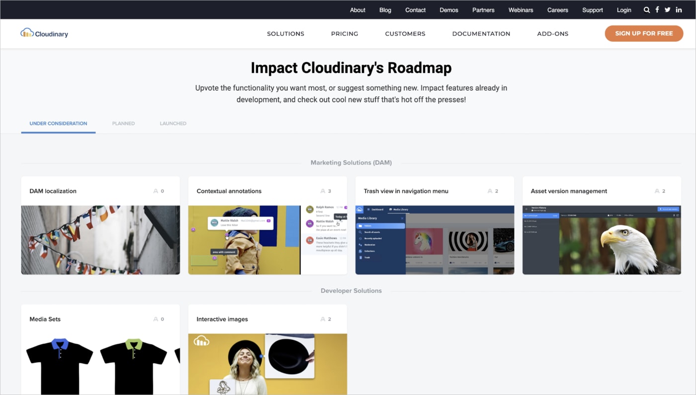 Example of Cloudinary's Product Roadmap