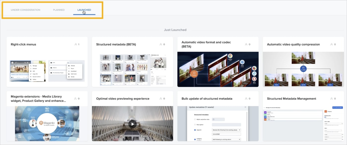Example of Cloudinary's Product Roadmap Navigation for Projects Under Construction, Planned and Launched.