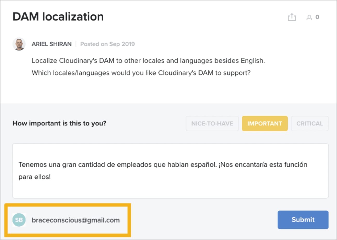 Example of User Data Associated with Cloudinary Development Project Under Consideration, Displayed in the Product Roadmap.