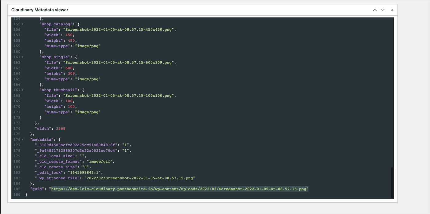Cloudinary Metadata Viewer showing guid
