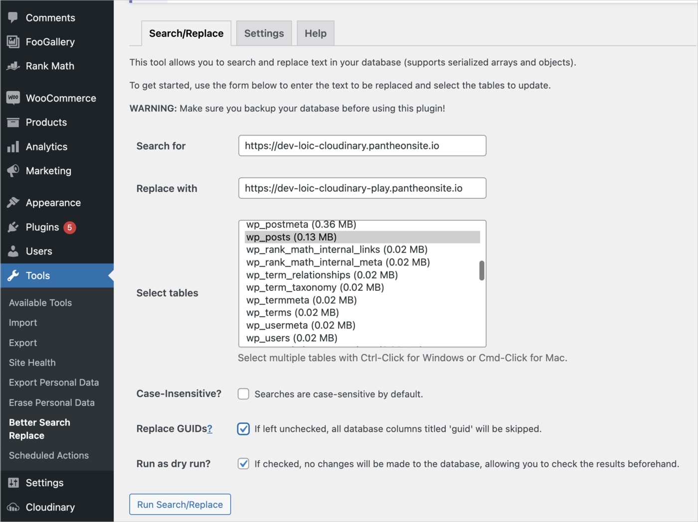 Better Search Replace plugin settings