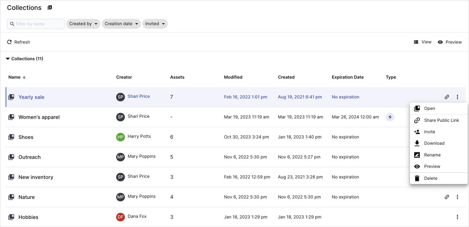 Collections list view