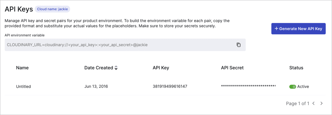 Cloudinary API keys and credentials
