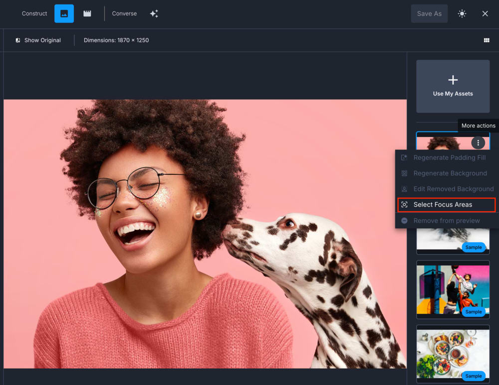 Thumbnail of the image with the Select Focus Areas option