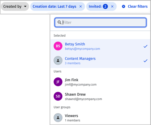 Filter by invited user or user groups