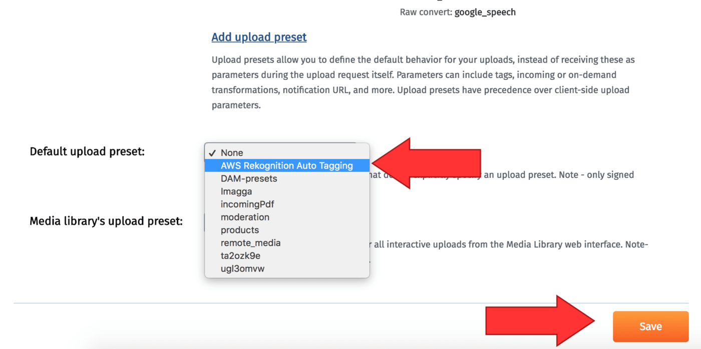 Setup and saving of your default upload preset