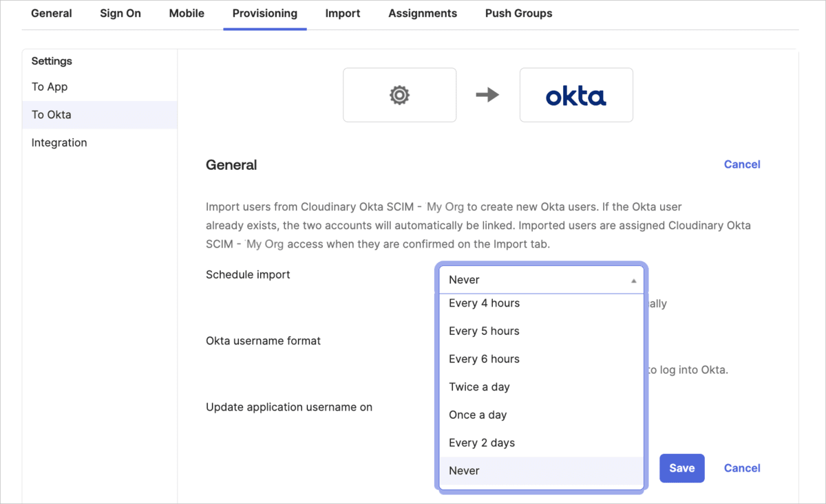 Setting up periodic sync from Cloudinary to Okta