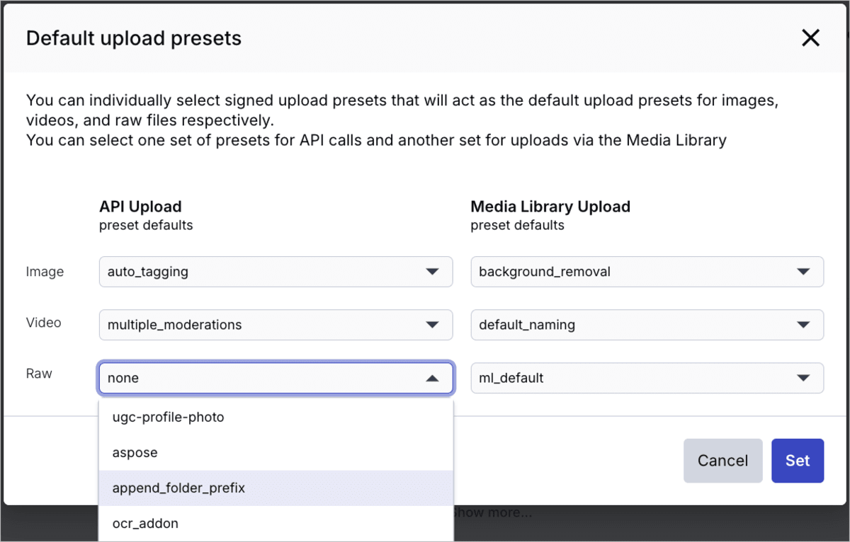 Default upload preset settings