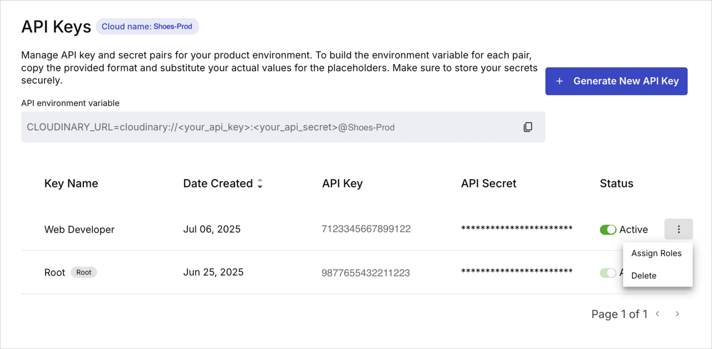 Assign roles to product environment API keys