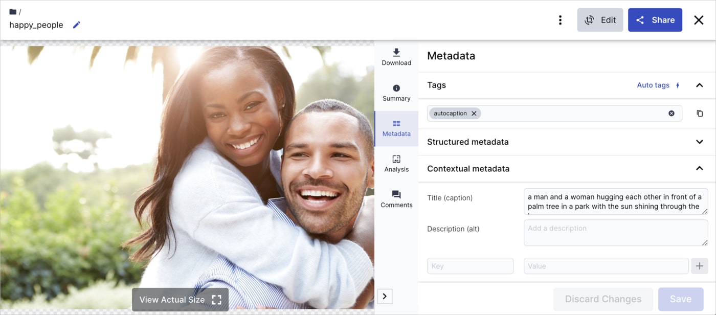 Verify the caption in the Metadata tab of the asset management drill-down page