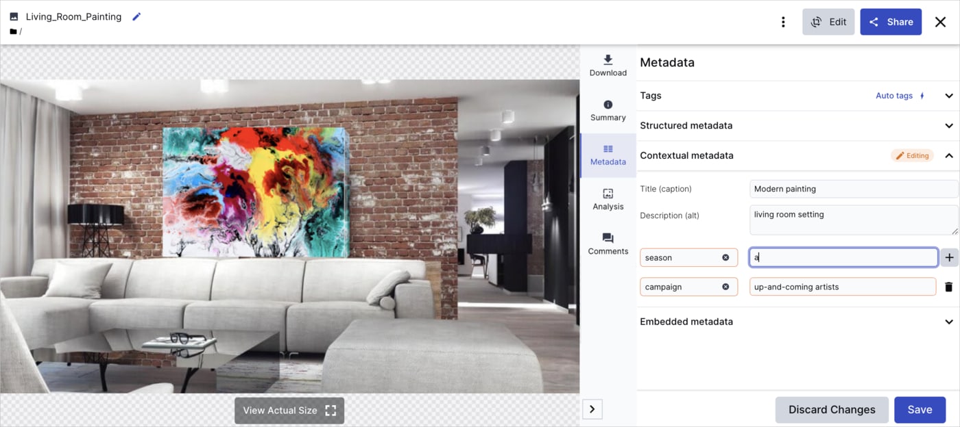 Sample contextual metadata in Asset Management page