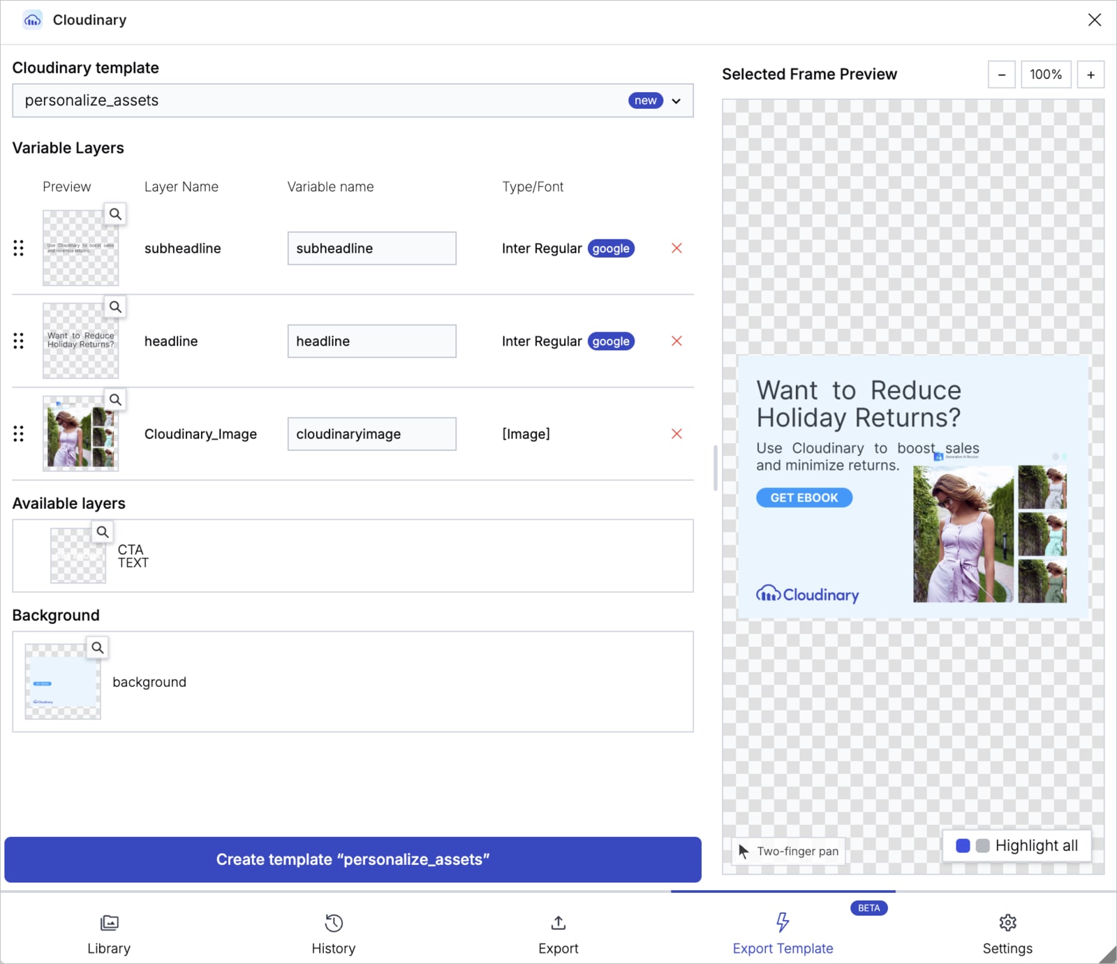 Export Template tab