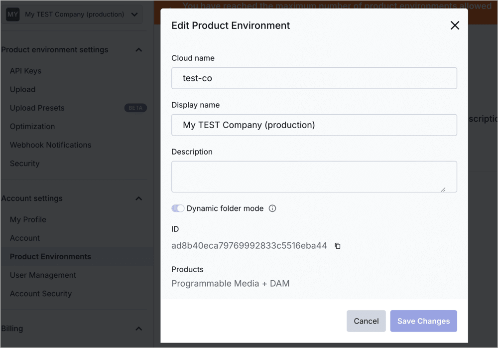 Edit Product Environment details