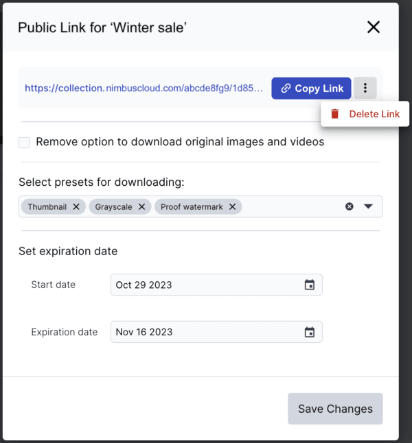 Public Link dialog box
