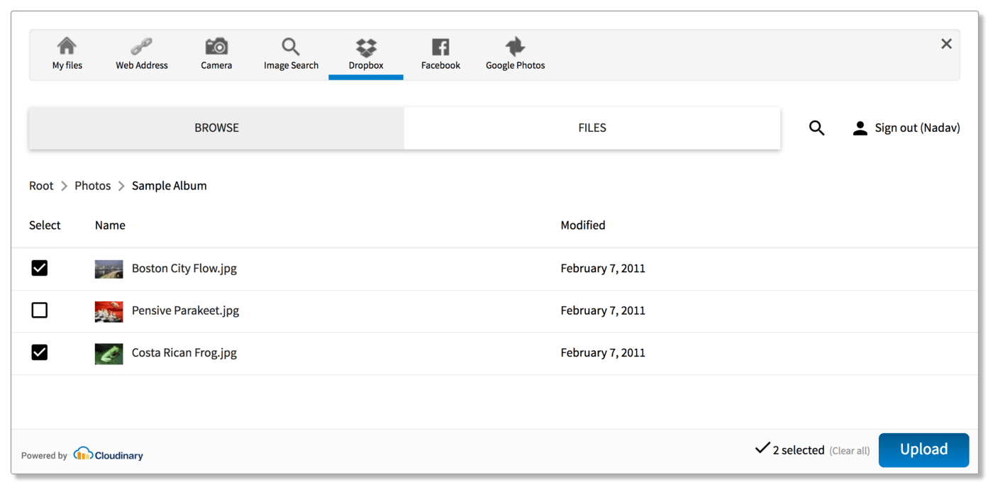 Upload widget - pick files from Dropbox folders