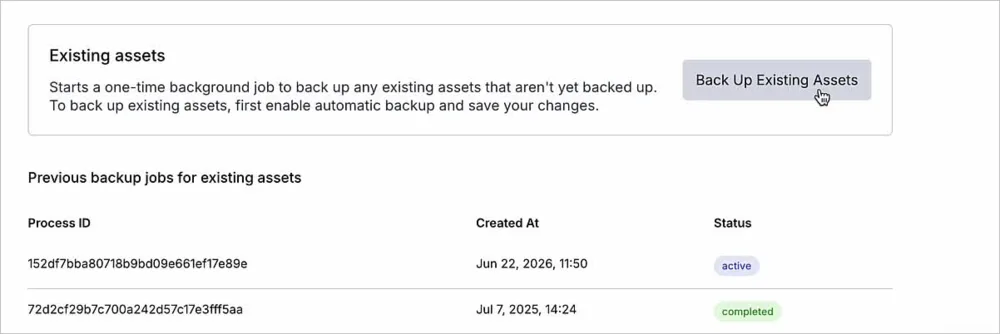 Previous backup jobs for existing assets
